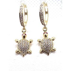 Ladies 14K Two Tone Gold Polished Fancy Huggies Dangle Drop CZ Turtle Earrings